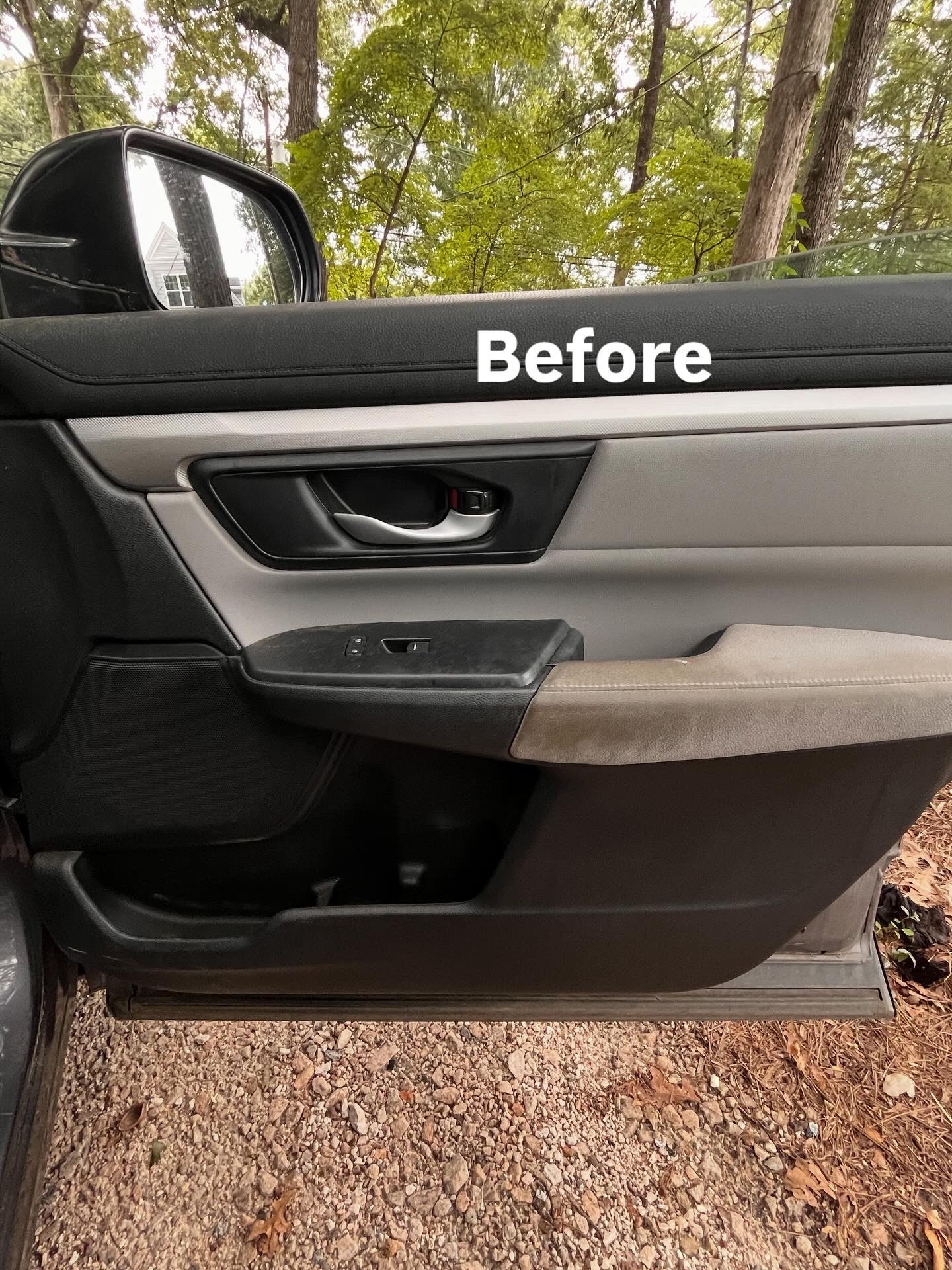 Vehicle interior door panel labeled Before